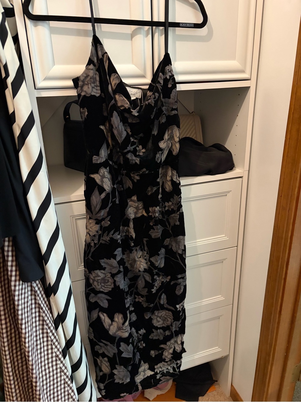 Anthropologie Black Floral Velvet Slip Dress with Cowl Neck